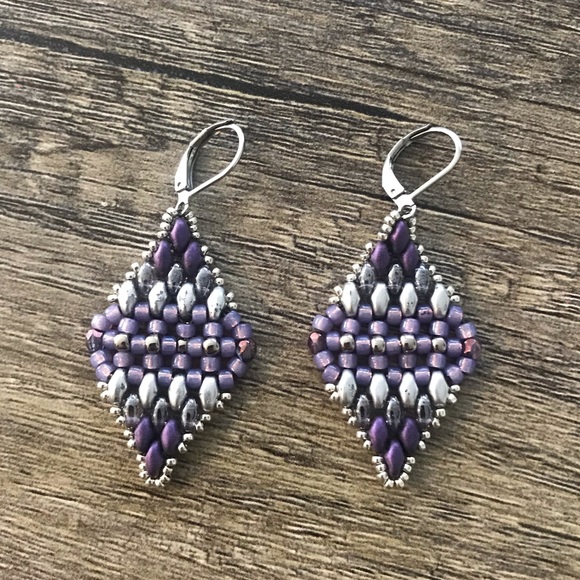 Purple Woven Superduo Diamond Drop Earring - Picture 1 of 2